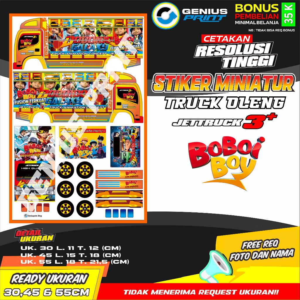Stiker A3 Miniatur Truk Oleng Livery Animasi Kartun Motif Boboiboy | Dragon Ball | Free Fire | Froze