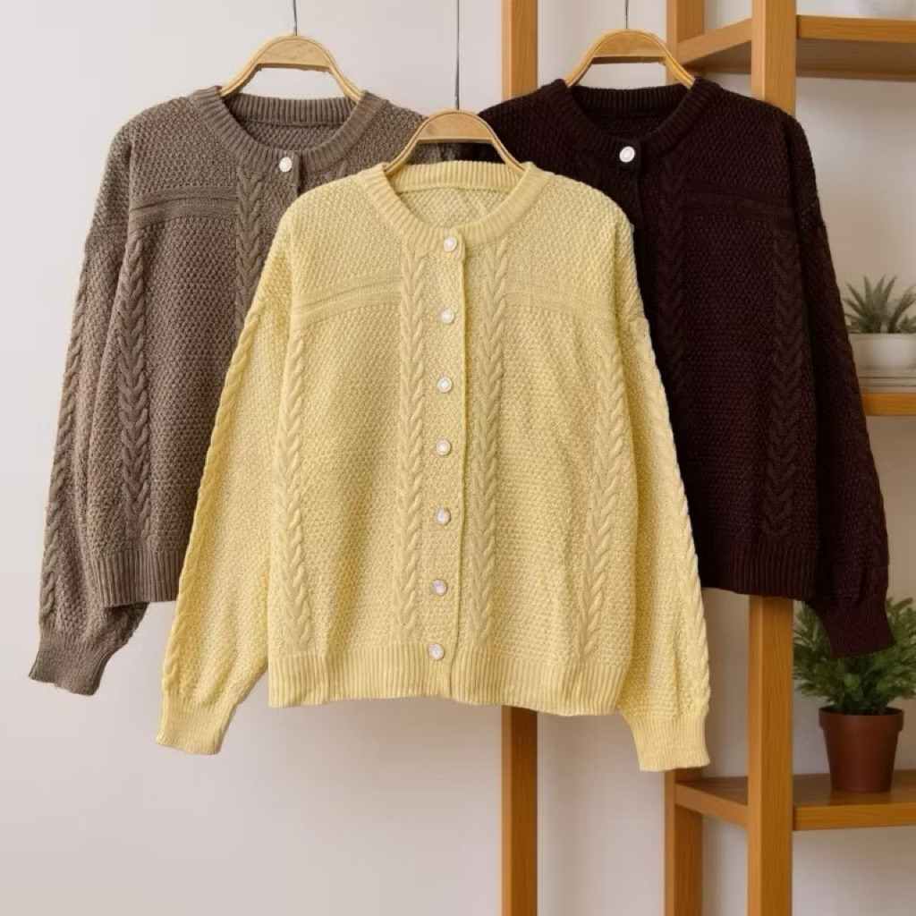 Ayamu Cardy Knit - Outer Atasan Cardigan Rajut Wanita Kancing Motif Cable Simple Bahan Lembut Korean