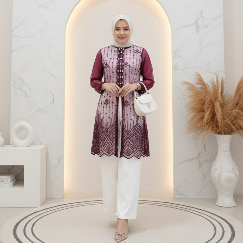 Hadju Outer Brokat Tunik Wanita Payet Mewah Kondangan Lebaran Wisuda Elegan