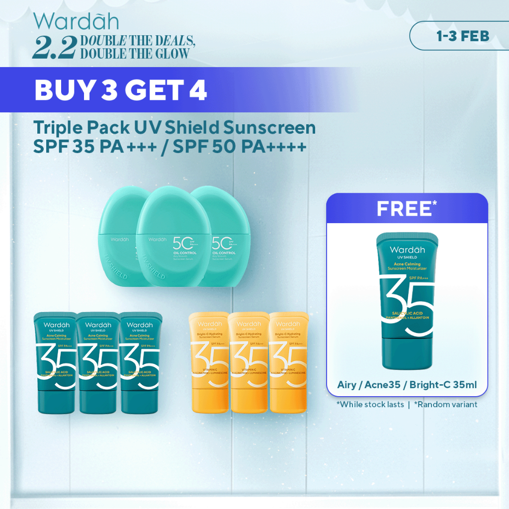 Wardah Sunscreen UV Shield Triple Pack Buy 3 Get 4 SPF 35 PA +++ / SPF 50 PA++++ (Airy Smooth, Essen