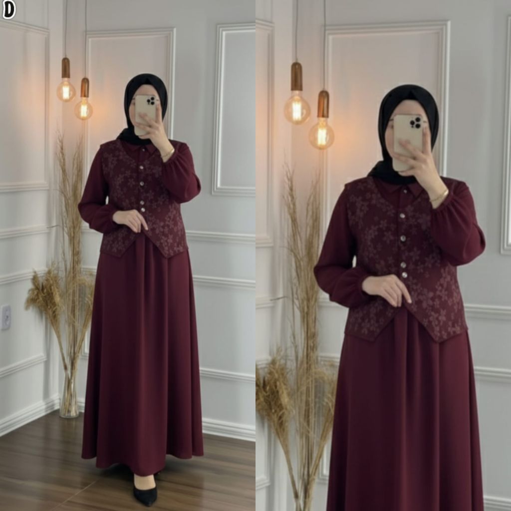 Gamis Korean Style / Dress Lebaran Elegan / Outer Vest Jaguard Embos Bunga / Gamis Putih Aesthetic