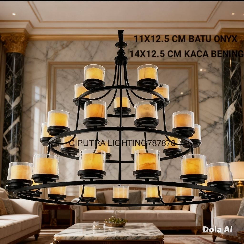 LAMPU GANTUNG HIAS VOID MINIMALIS MODERN 3 TINGKAT 30 LAMPU BATU ONYX MEWAH