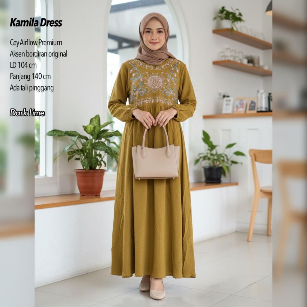 KAMILA DRESS WANITA AIRFLOW BORDIR / Gamis Bordir / Dress Lebaran / Dress Polos