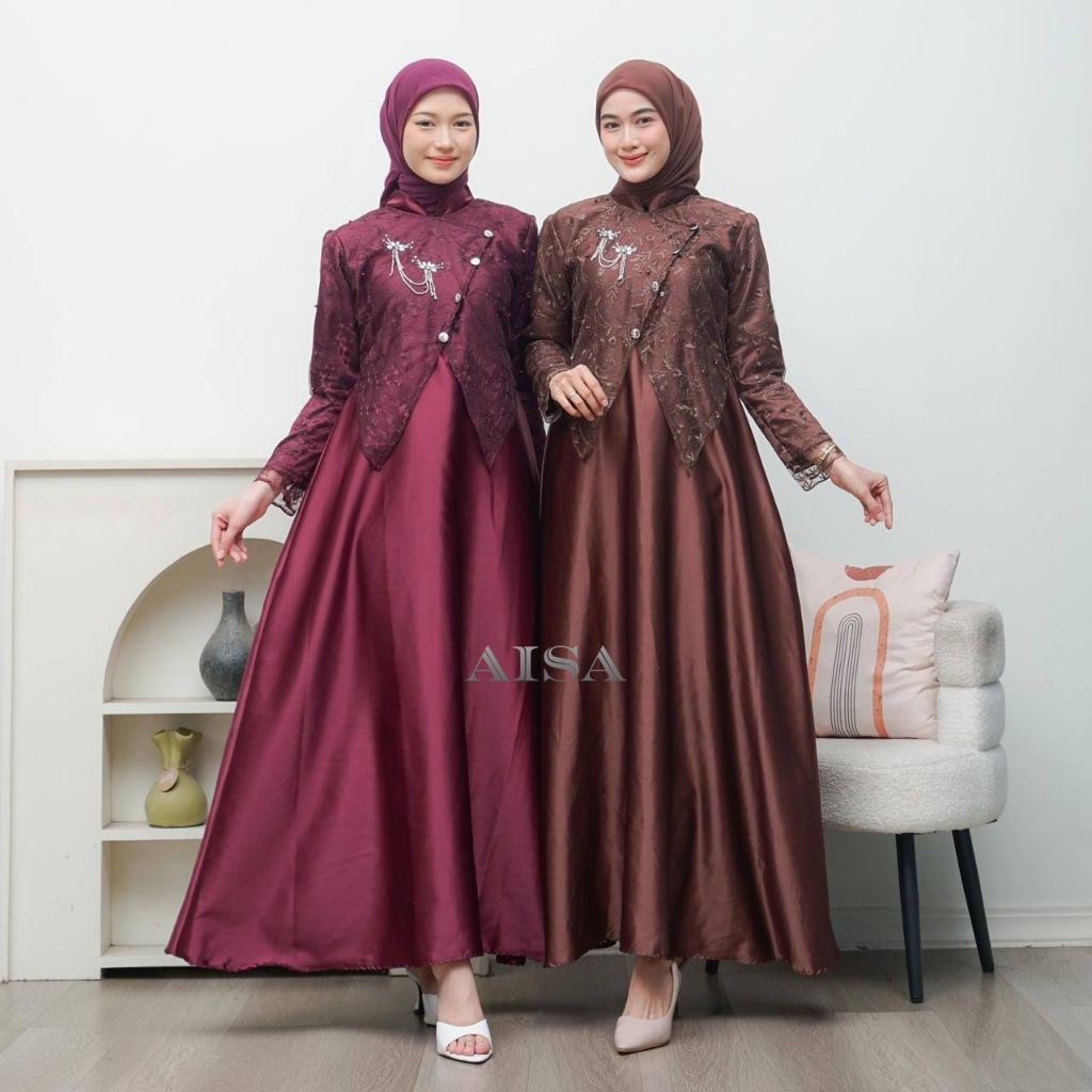 Baju Gamis Modern Sahara Series Brukat Kondangan Nikahan Kekinian Seragam Lebaran Wanita Terbaru Bus