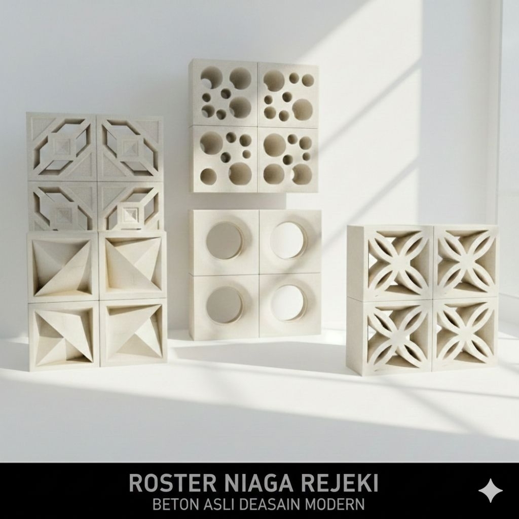 Roster Beton Minimalis, Loster Putih, Ukuran 20x20, Model Lengkap, Ventilasi Udara, Nako Dua Sisi