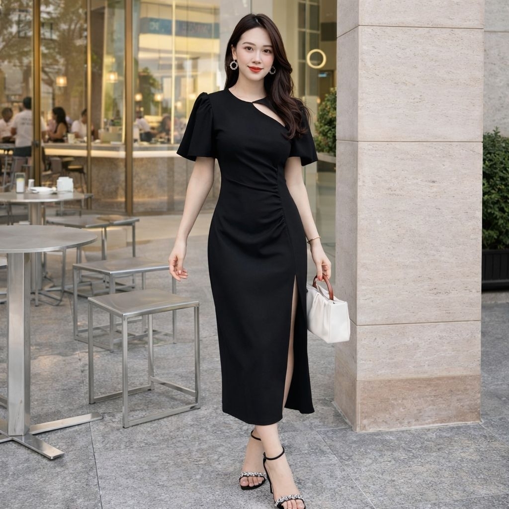 RUTH DRESS - Dress Pesta Wanita Bodycon Slit Midi Dress Big Size Jumbo Ukuran Besar Plus Size Press 