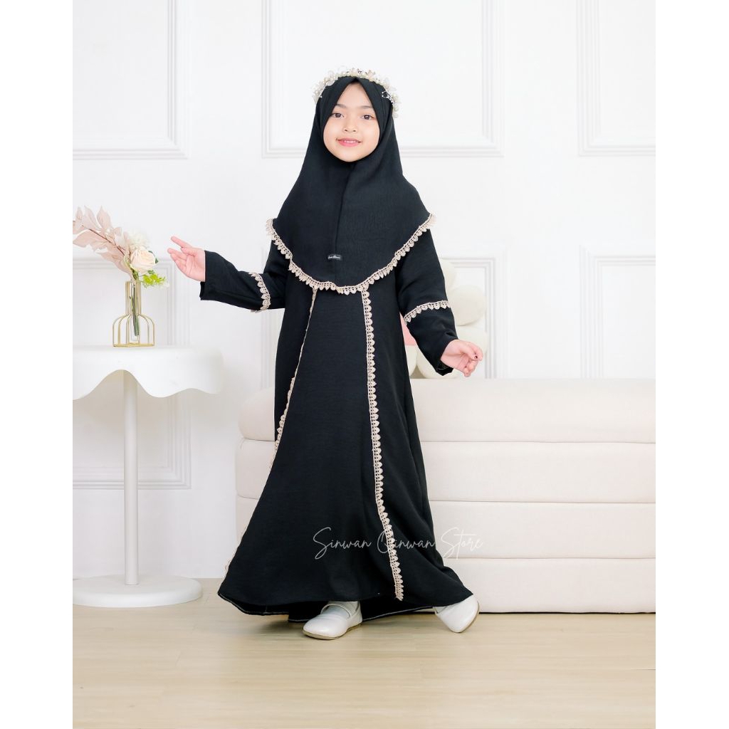 Gamis Abaya Anak Set Hijab Crinkle Adem Renda