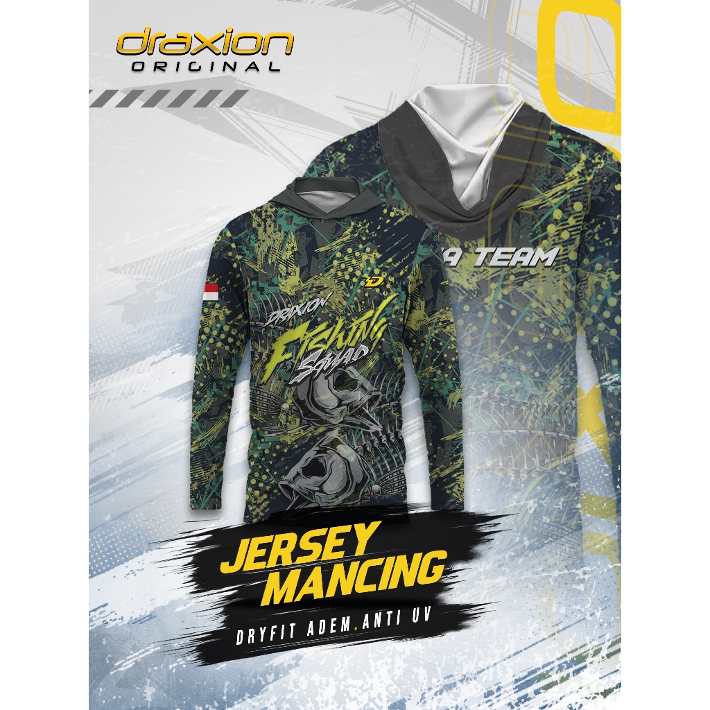 Jersey Mancing Hoodie Anti UV Dryfit Adem Lengan Panjang Custom Nama Logo Draxion