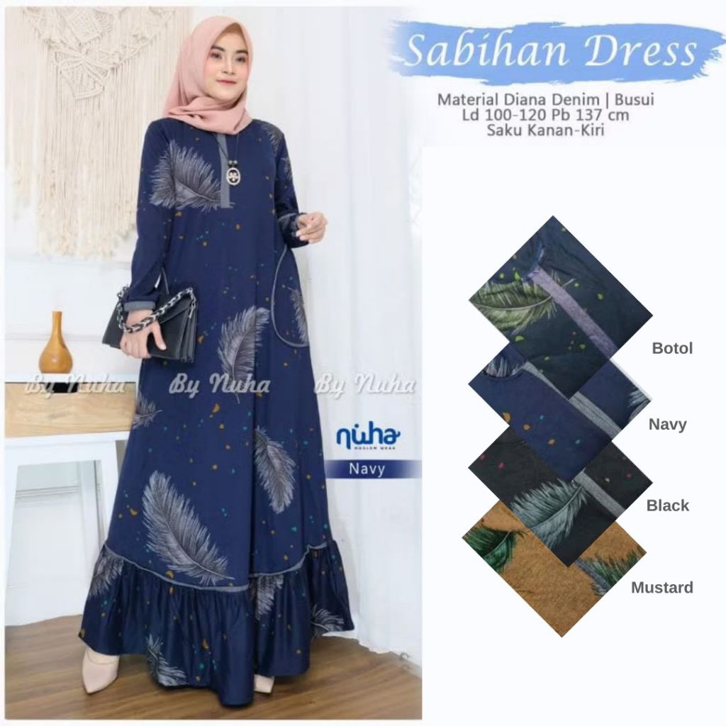 Gamis Wanita Sabihan Jumbo Maxy Dress Bahan Kaos Denim Diana Motif Bunga Allsize LD100 Melar 120