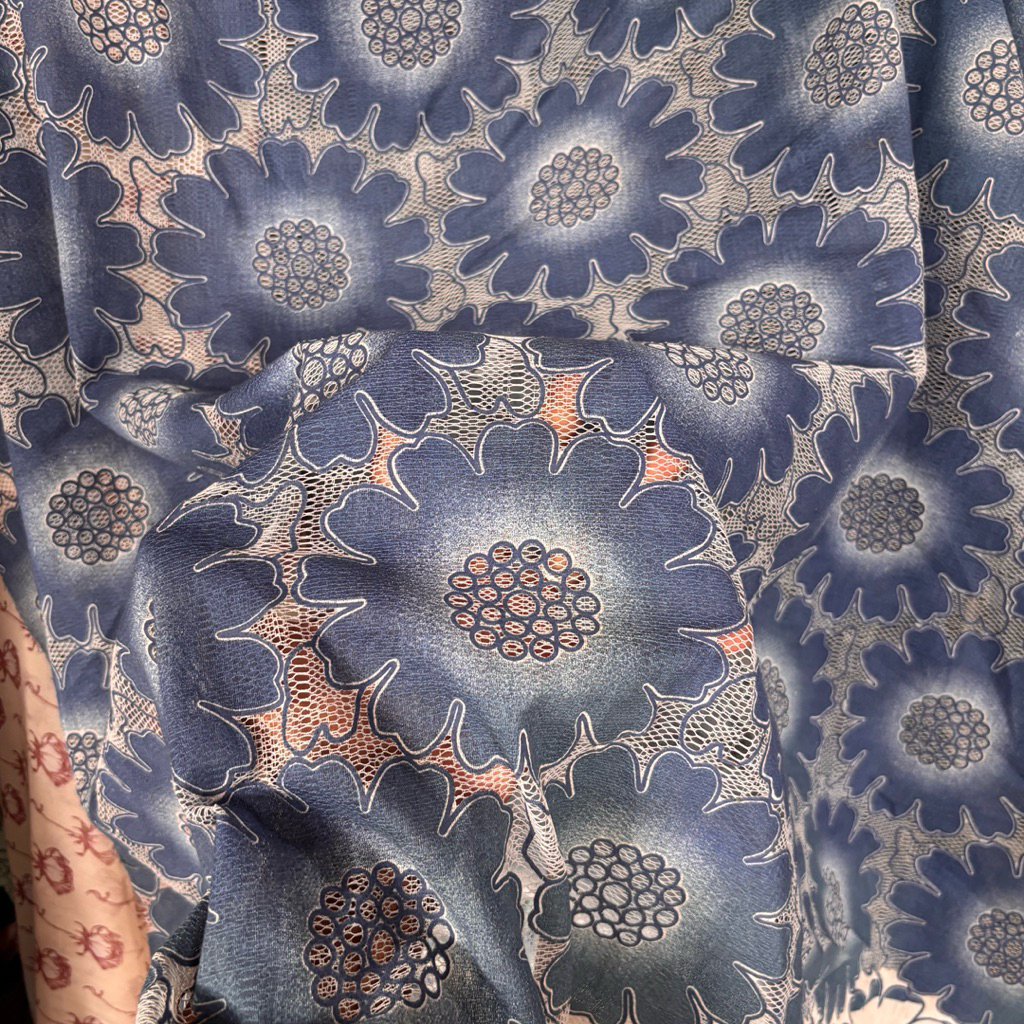 Kain Tile Brukat Motif Bunga Matahari Denim Blue - Bahan Tile Premium crt