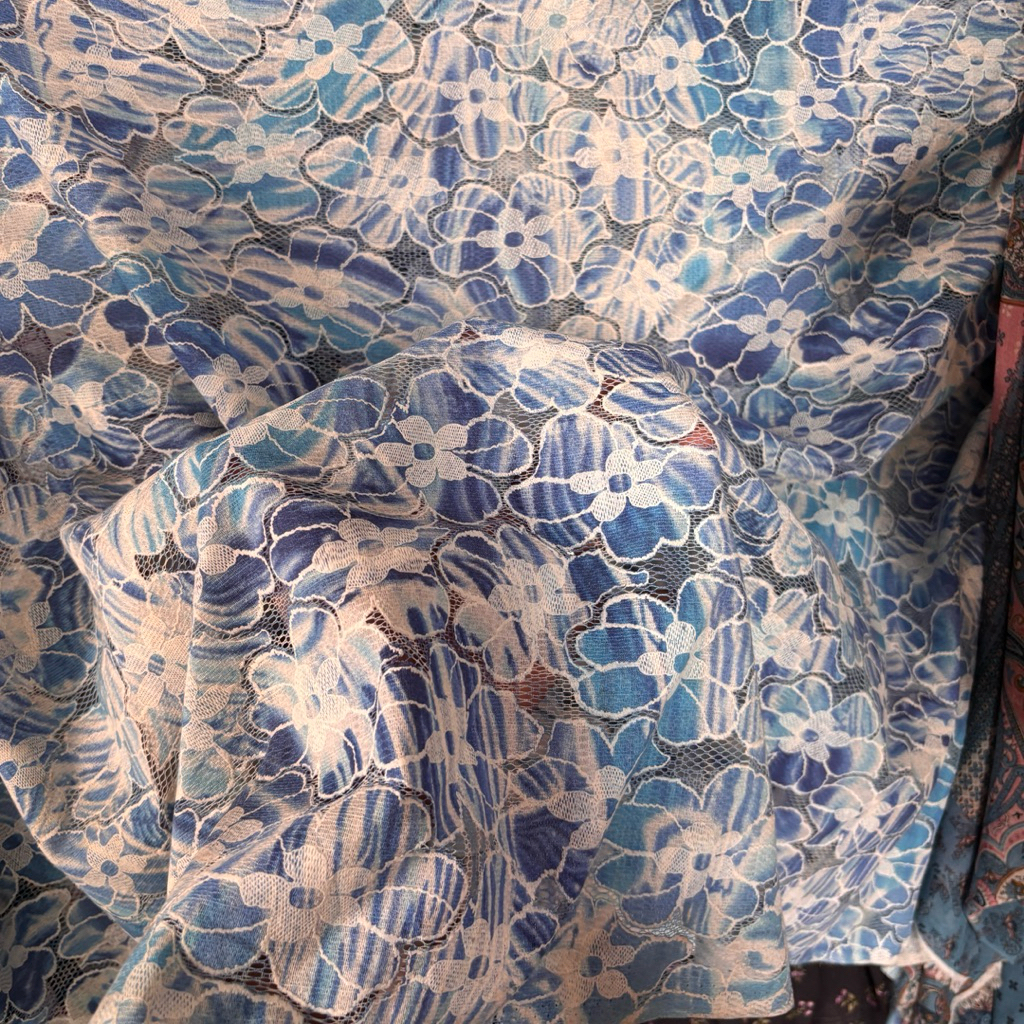 Kain Tile Brukat Motif Bunga Shabby Chic Blue White - Bahan Tile Premium crt