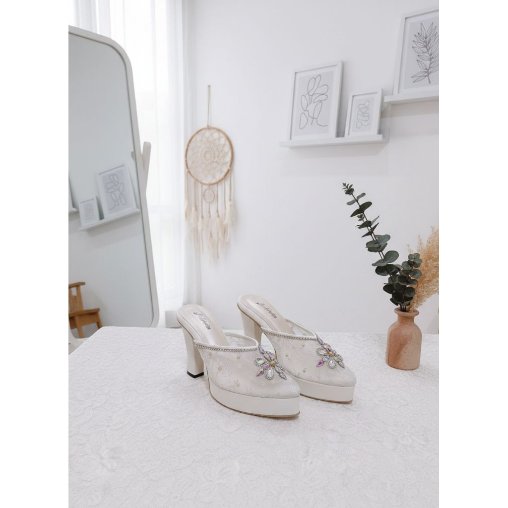 Syhafira - Sekina Selop Pengantin  Wedding Shoes Heels Tahu 10 cm  Putih