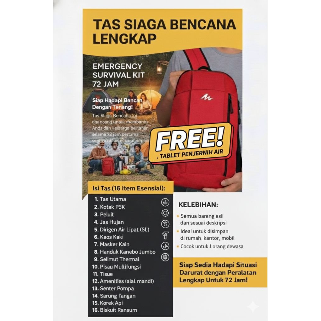 TAS SIAGA BENCANA EMERGENCY BAG / SURVIVAL KIT FIRST AID KIT P3K / OUTDOOR PERLENGKAPAN CAMPING