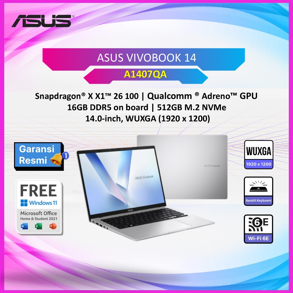 LAPTOP ASUS VIVOBOOK 14 A1407QA SNAPDRAGON X X1 26100 16GB 512GB 14.0 WUXGA