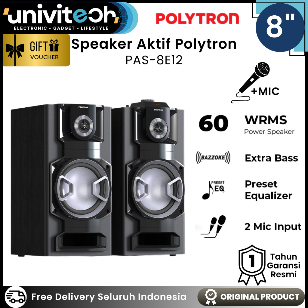 Polytron Speaker Aktif Bluetooth 8inch 2 Woofer Extra Bass Preset Equalizer 3-Band Tone - PAS 8E12