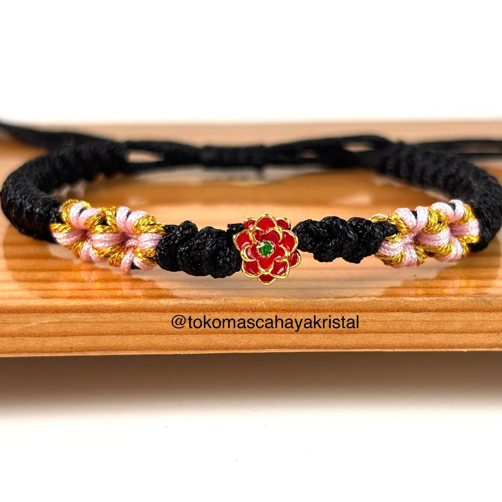Gelang Tali Emas Charm Lotus / Bunga Teratai Merah Pink 24k - Gold Bracelet