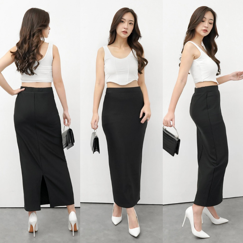 Rok Span Panjang Scuba Wanita Kerja Pinggang Karet Standar Jumbo Hitam Abu Coksu Putih