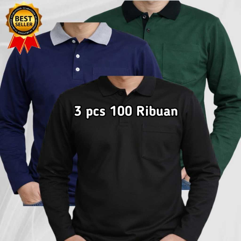 Paket hemat 3pcs 100 ribuan II kaos kerah polos pria dewasa ada kantong berlengan panjang II bahan l