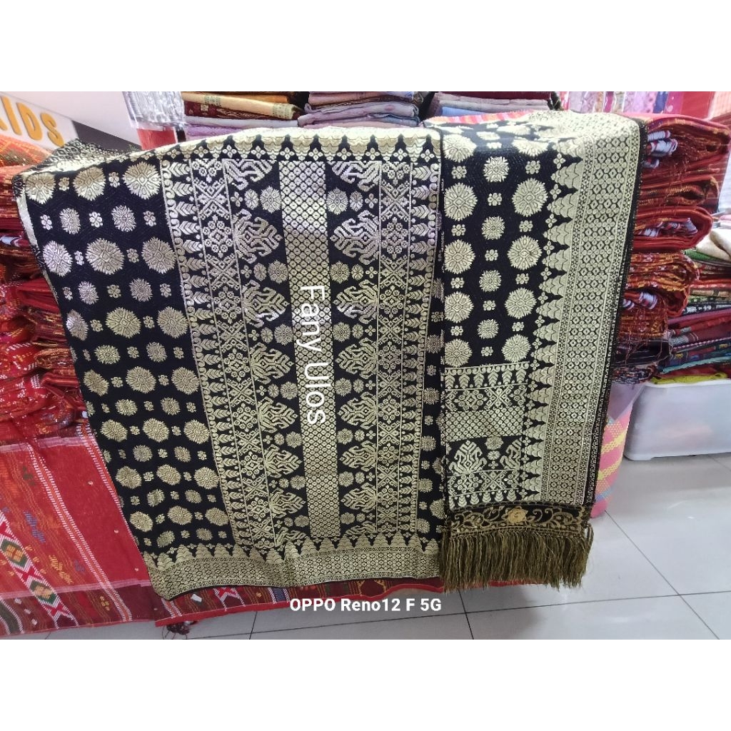 SONGKET PALEMBANG MESIN SUDAH DIRUMBAI WARNA HITAM.