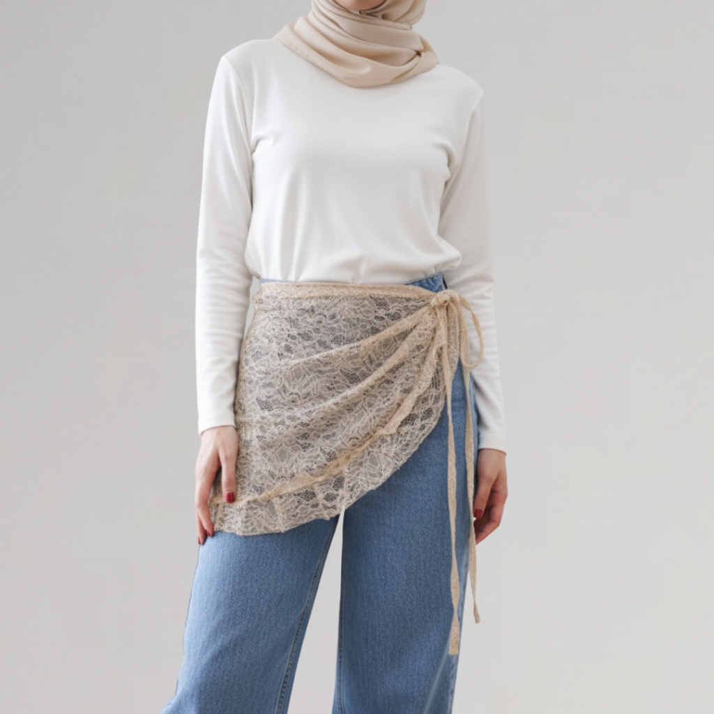 Delova Wardrobe - Korean Lace Skirt Stacked Rok Renda Brukat Tali Kerudung Pinggul Layered Wrap Gauze Elegant with Adjustable Strap OOTD Versatile Up Hem With Buttocks Covering Fei Curtain Wanita Remaja Ivory Bloom Style Rok Ikat Pinggang Vintage Skirt
