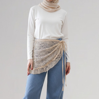 Delova Wardrobe - Korean Lace Skirt Stacked Rok Renda Brukat Tali Kerudung Pinggul Layered Wrap Gauze Elegant with Adjustable Strap OOTD Versatile Up Hem With Buttocks Covering Fei Curtain Wanita Remaja Ivory Bloom Style Rok Ikat Pinggang Vintage Skirt