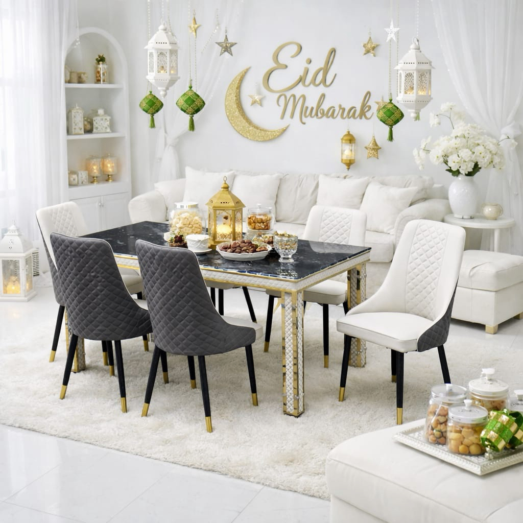 Meja Makan Import Batu Marmer 6 Kursi / Meja Makan Full Set Marmer / Meja + Kursi Makan Import / Mej