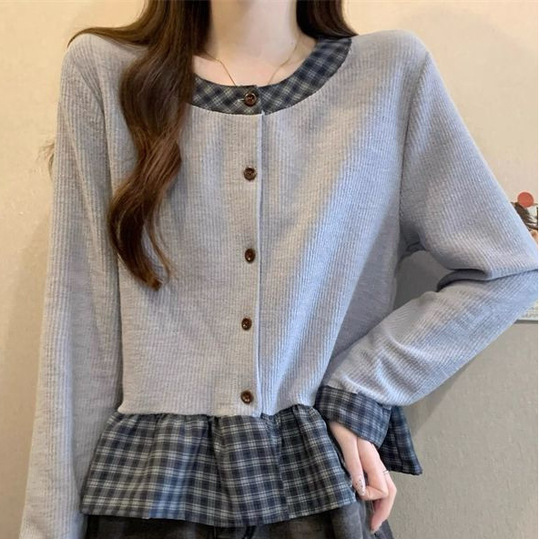 Atasan Rok Pendek Lengan Panjang Desain Ruffle Patchwork Kotak-Kotak yang Sedang Laris