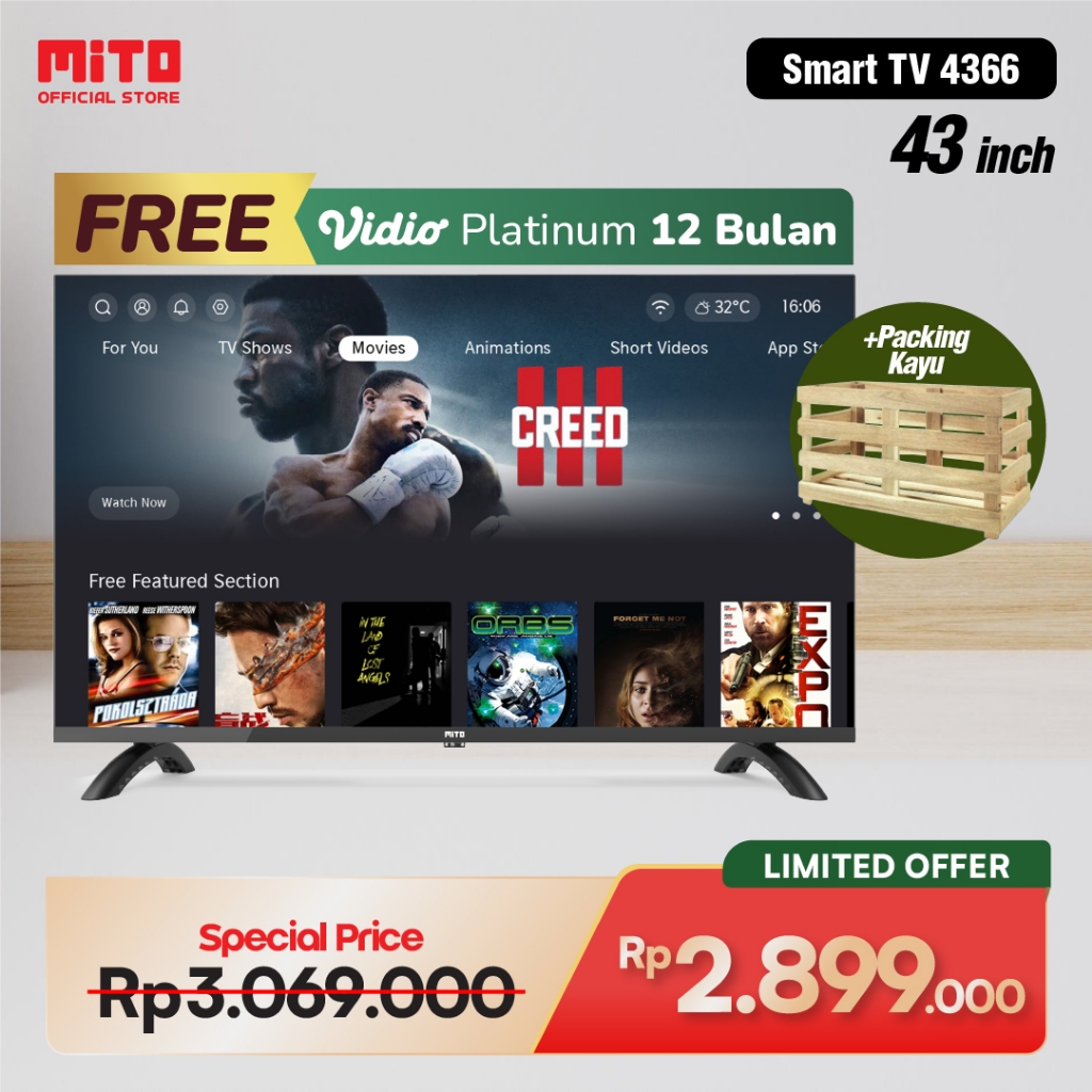 MITO Smart LED TV 4366 43 Inch - OS Coolita 2.1 - HD Ready / DVB T2 / Dolby Audio / YouTube / Prime 