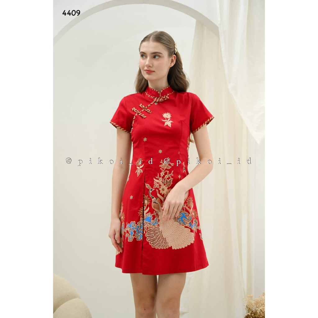 Dress batik span batik cheongsam / dress batik wanita modern pita qipao dusty elegan 185