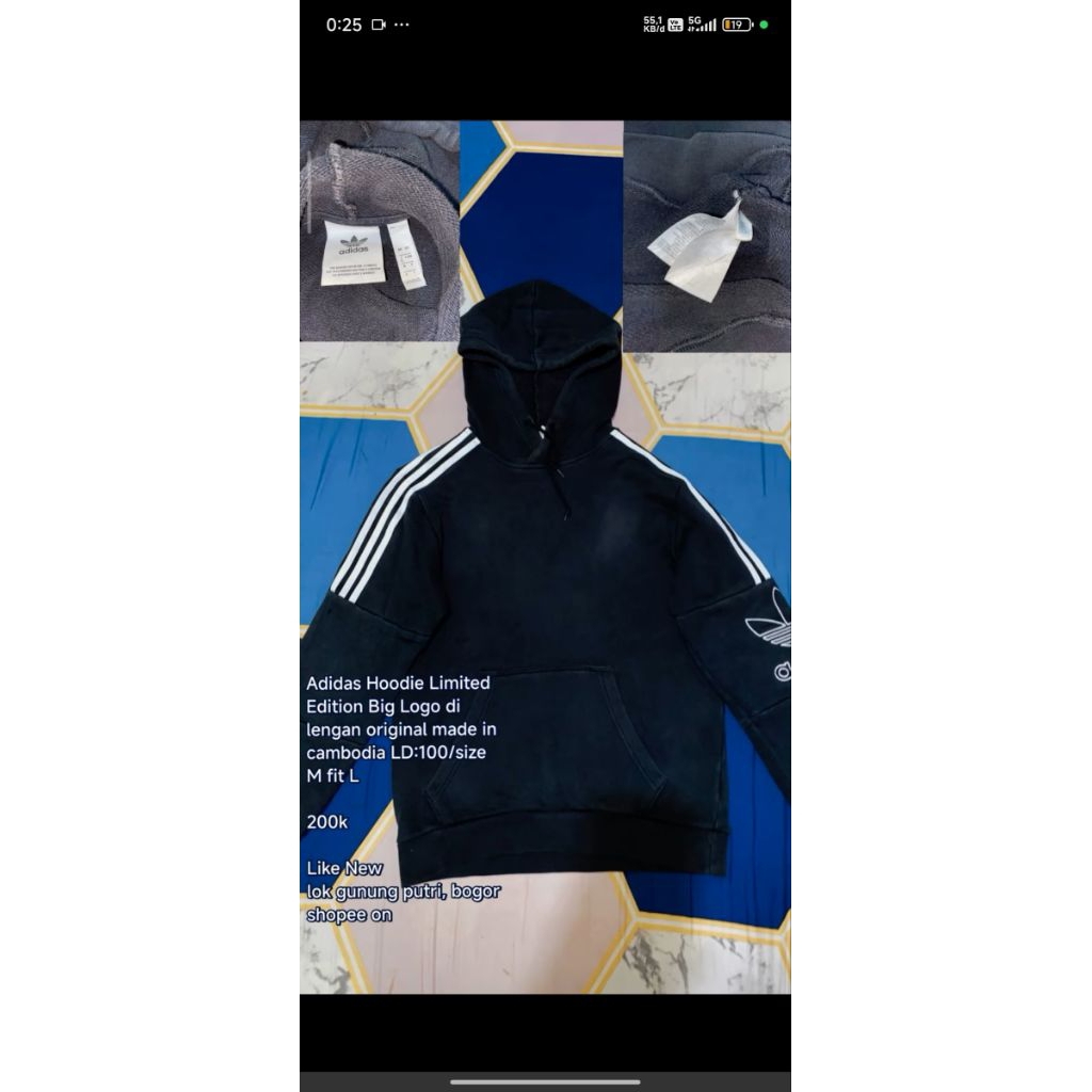 Adidas Hoodie Limited Edition Big Logo di lengan original made in cambodia LD:100/size M fit L