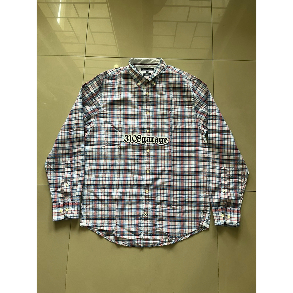 Kemeja lengan panjang casual tommy hilfiger flanel kotak stripe garis sz M good condition used