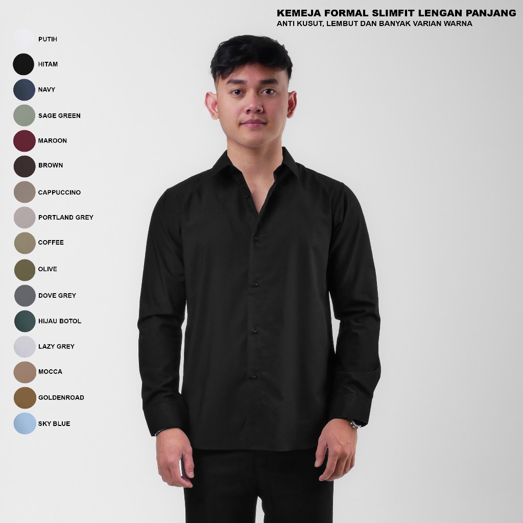Heyplain Kemeja Hitam Lengan Panjang Slimfit - Kemeja Pria Lengan Panjang