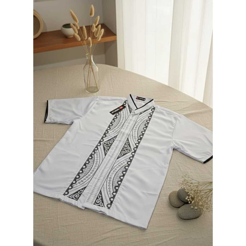 BAJU KOKO PUTIH BORDIR HITAM ANAK TANGGUNG SD - SMP LENGAN PENDEK BAGUS MURAH