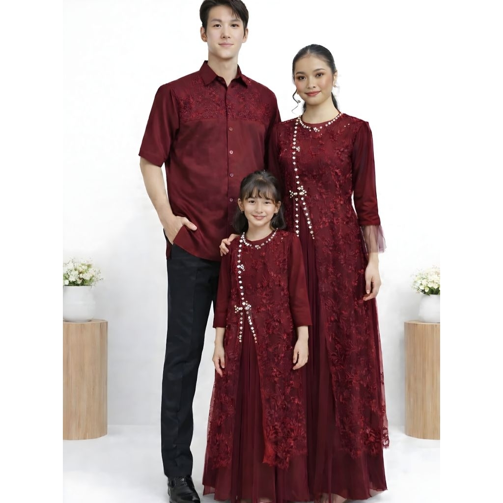 Set Baju Keluarga Couple Gamis Ibu Anak + Kemeja Ayah | Baju Serambit Lebaran Keluarga Seragam Rosel