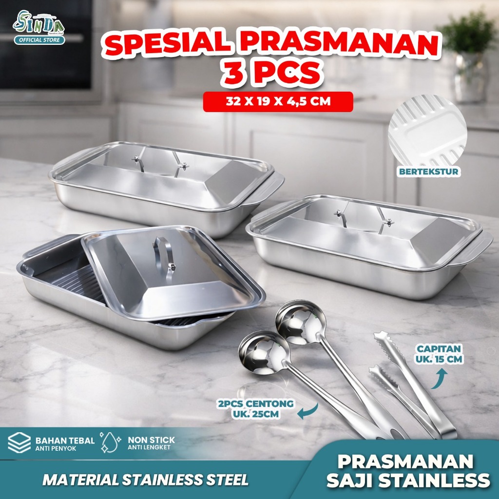 Sinda { PAKET 3PCS } Wadah Prasmanan Catering Nampan Stainless Steel Wadah Saji Lauk + Tutup