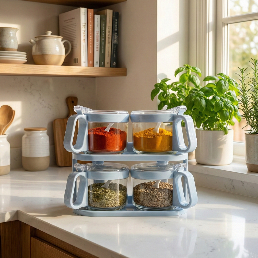 Set Tempat Bumbu Kaca Minimalis 4 in 1 Rak Toples Bumbu Japandi