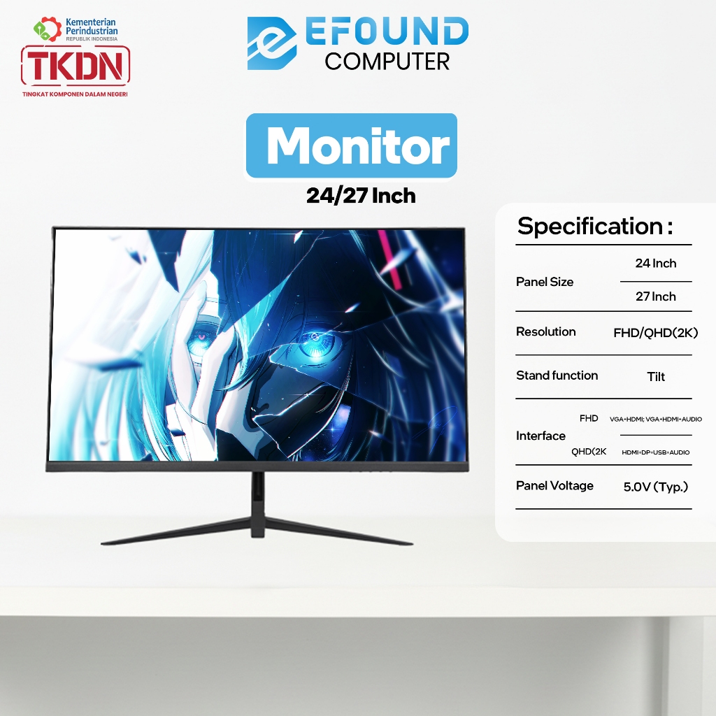 eFound Monitor 24 / 27 Inch LED | VGA + HDMI | FHD/QHD (2K) | TKDN Resmi