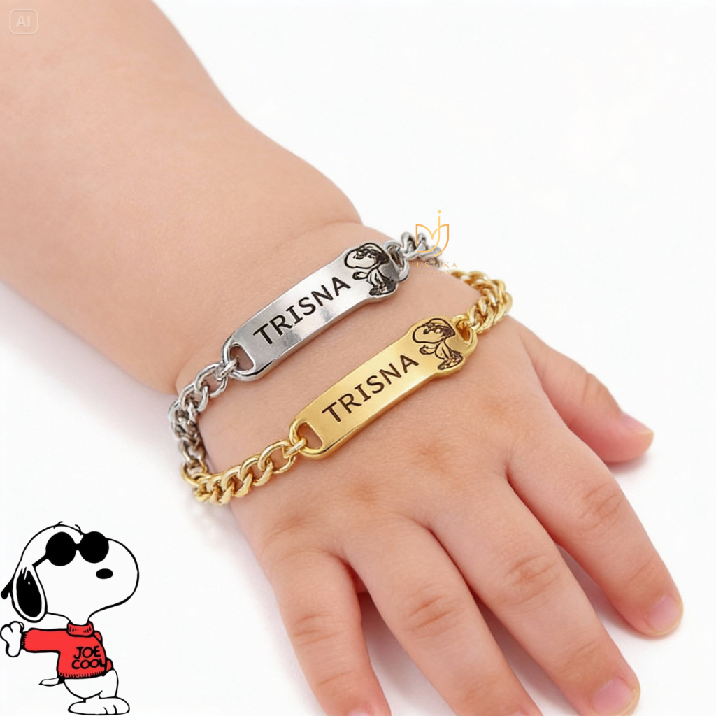 Gelang Anak Karakter Snoopy Lucu Custom Nama Motif Rantai Gold & Silver