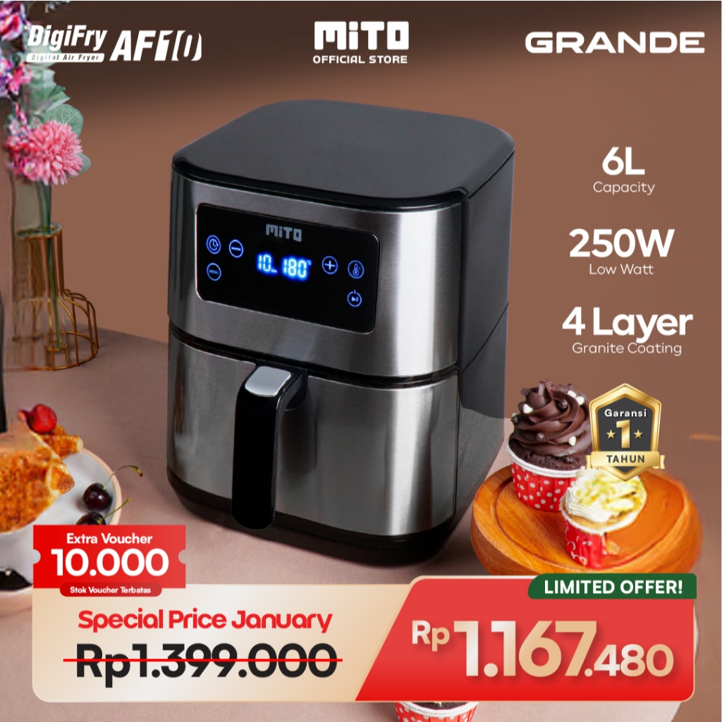 MITO Grande Air Fryer DigiFry AF10 Touch Screen Low Watt Mesin Penggoreng Tanpa Minyak 6L - Silver B