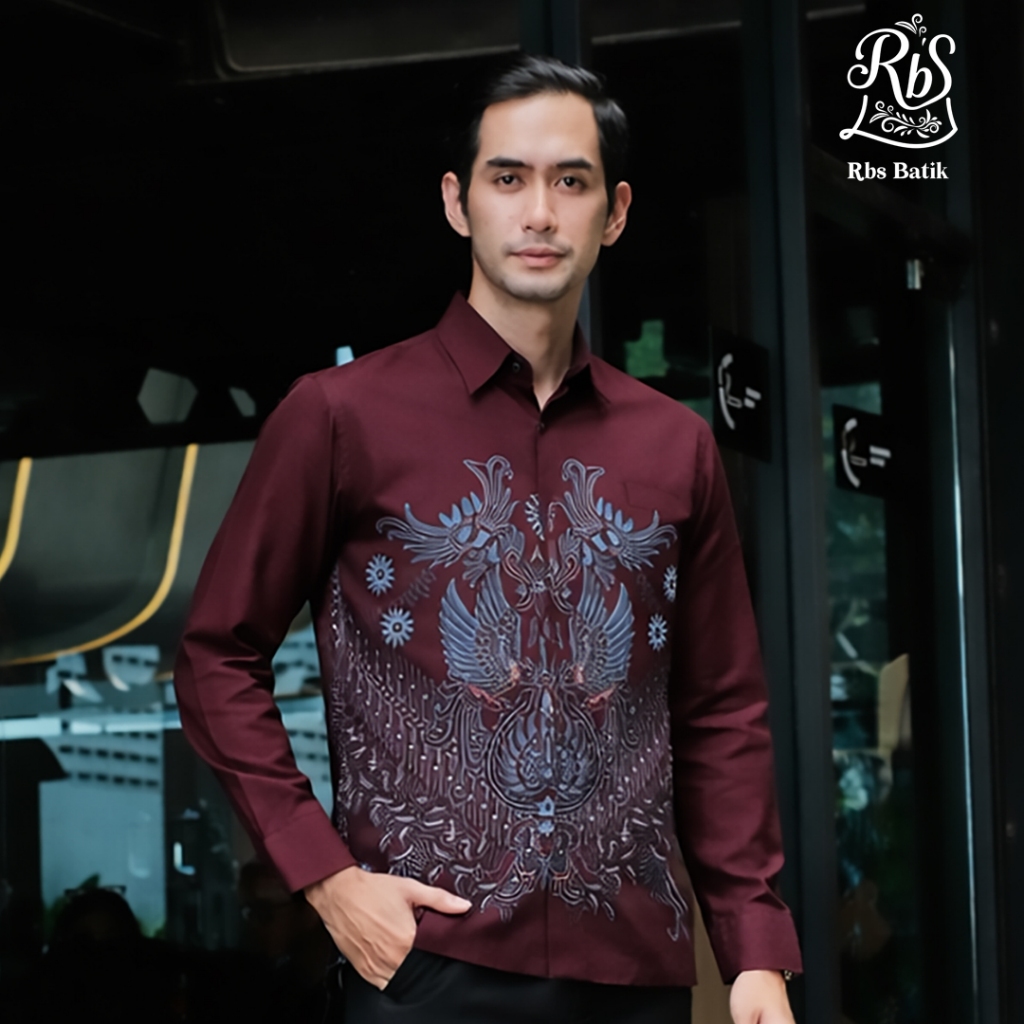 RBS Batik - Kemeja Batik Pria Nirvana Slimfit Lapis Furing Warna Burgundy Kombinasi Biru Muda