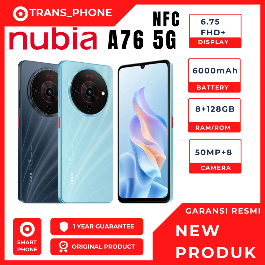 Nubia A76 5G NFC RAM 8/128GB FHD+ 5000mAh Garansi Resmi