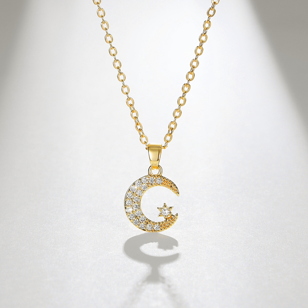 Lanme Jewelry Kalung Klavikula Rantai Titanium Lapisan 14K Emas Anti Karat Liontin Bintang Bulan Ber