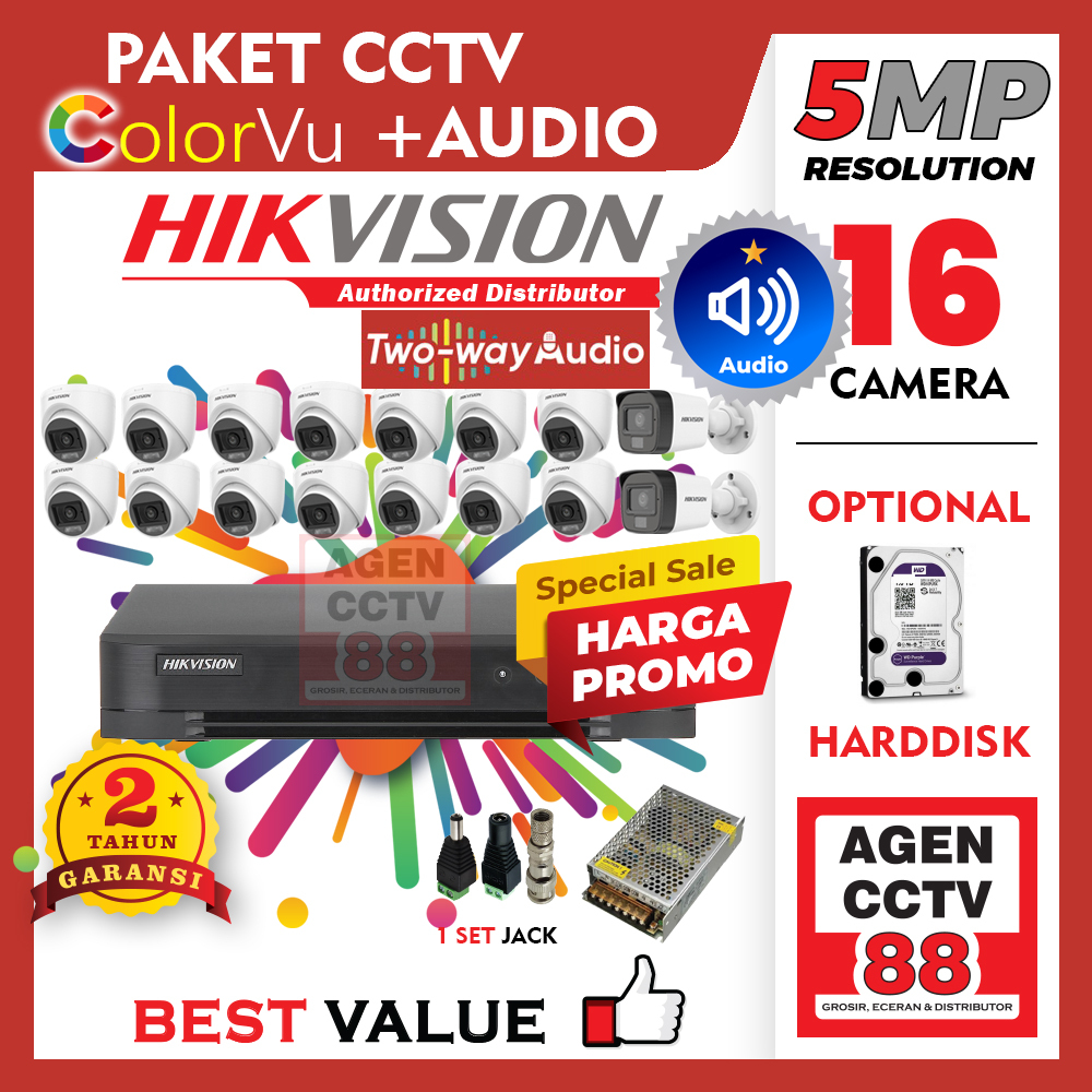 Paket cctv Hikvision 16 Channel Camera 16CH 5MP 3K Audio Colorvu Dual Light Bisa rekam suara