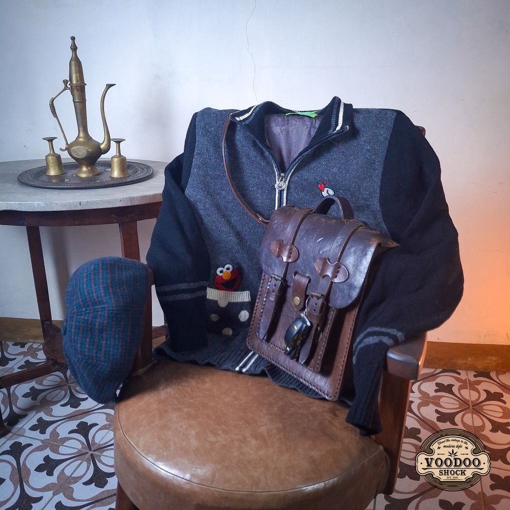 VOODOO - 486 - Vintage Sesame Street Elmo Character Graphics Embroidery Pattern Knit Zipper Cardigan