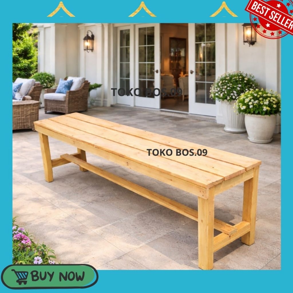 Bangku Kayu Panjang Minimalis | Kursi Tunggu, Teras, Taman Warna Natural
