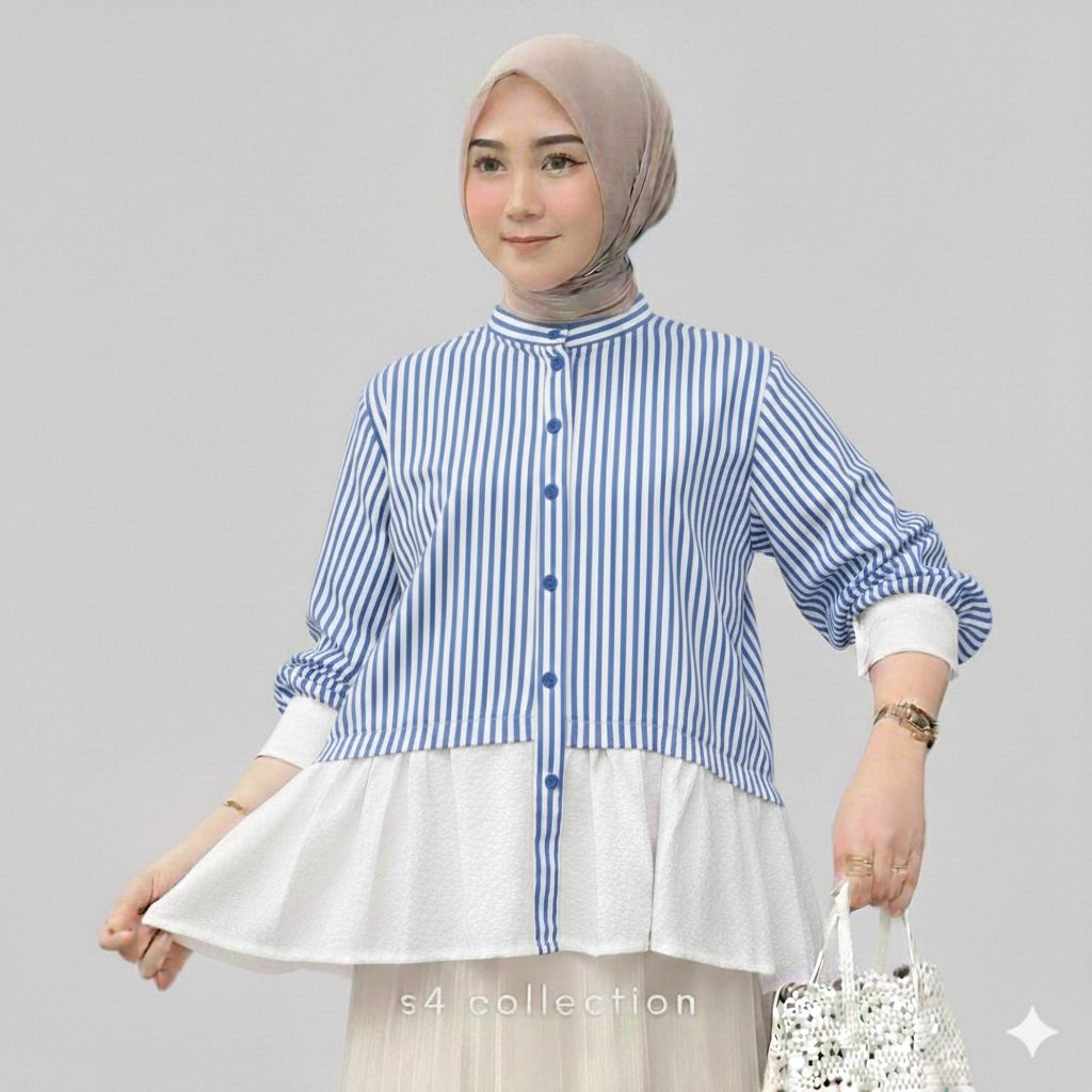 Kemeja wanita|| Kemeja salur|| Atasan Kemeja Salur Kombinasi