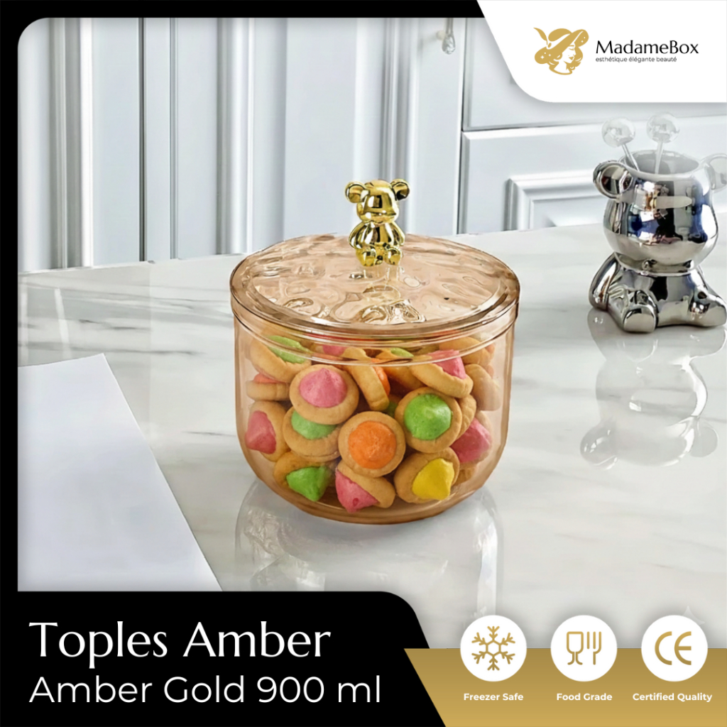 MadameBox Toples Kue Plastik Bening Lebaran Aesthetic Amber Gold – Beruang Bulat Tutup Rapat Kapasit