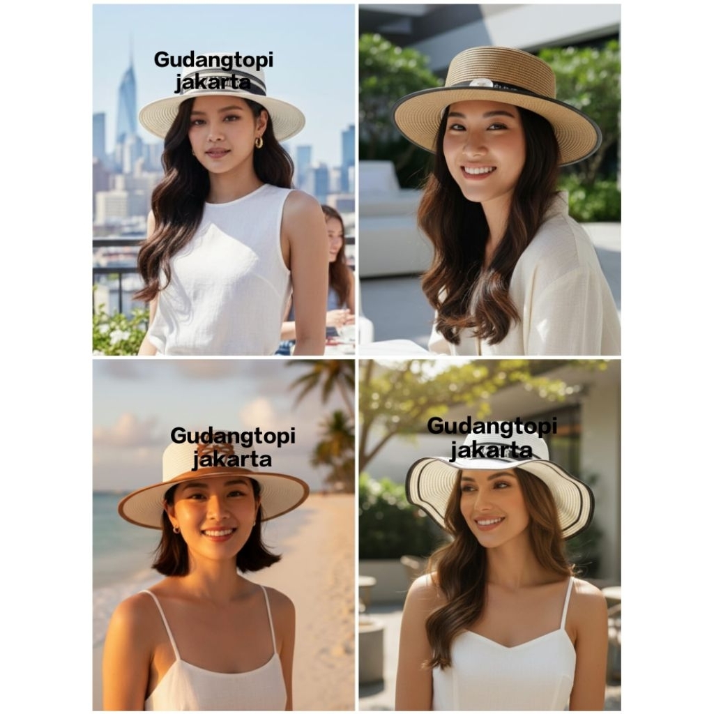 Topi Pantai Summer Hat Fashion Casual Topi Pantai Rose Mutiara Jerami Premium Topi Pantai Bertepi To