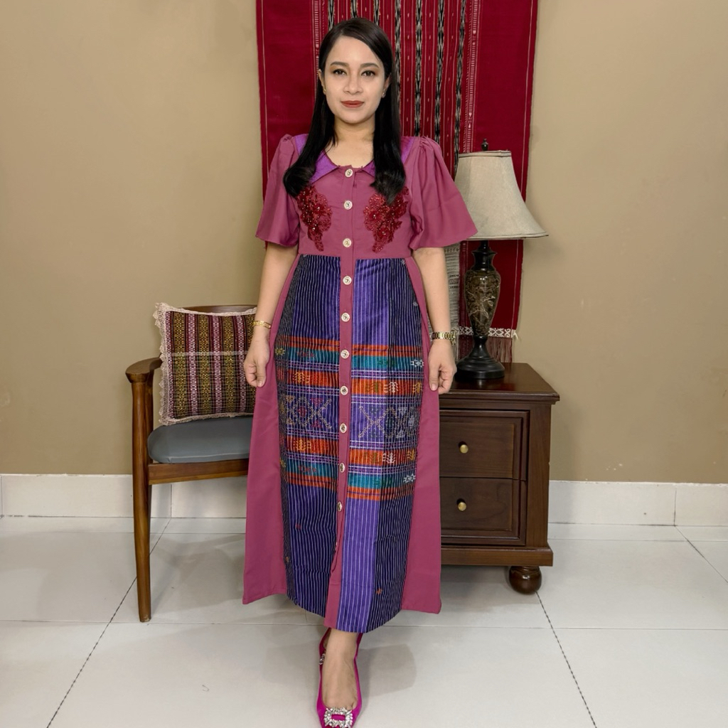 Dress Etnik Tenun Ulos Ragihotang Sadum Asli (Tenun Tangan ) Bordir Model Michelle Gaun
