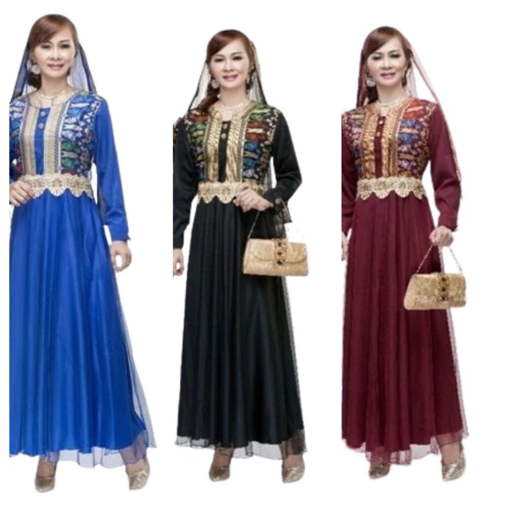 Baju Gamis Batik Wanita Katun Prodo Mix Resleting Belakang Biru Hitam Merah Marun M-XXL